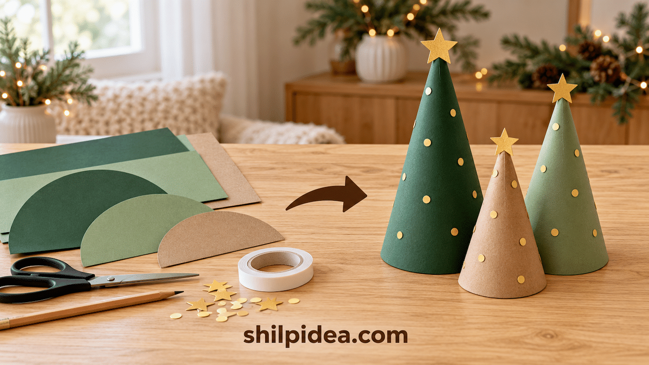Three cone-shaped paper Christmas trees in green, sage, and kraft brown, decorated with gold dots and stars on a wooden shelf.