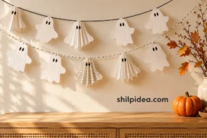 Illustrative Halloween scene with white folded and flat paper ghosts on two garlands above an oak console, an orange pumpkin and shilpidea.com branding.