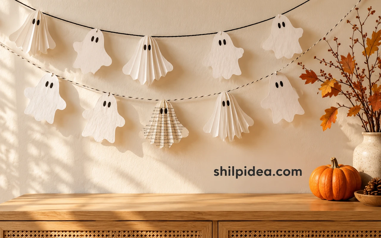 Illustrative Halloween scene with white folded and flat paper ghosts on two garlands above an oak console, an orange pumpkin and shilpidea.com branding.