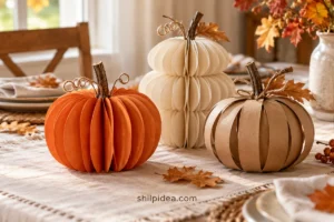 Illustrative orange, cream, and kraft paper pumpkins arranged on a fall dining table.