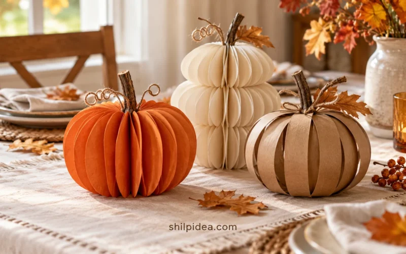 Illustrative orange, cream, and kraft paper pumpkins arranged on a fall dining table.