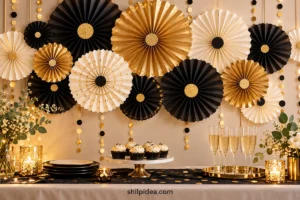 Illustrative black, gold and cream paper rosette backdrop above a New Year party table