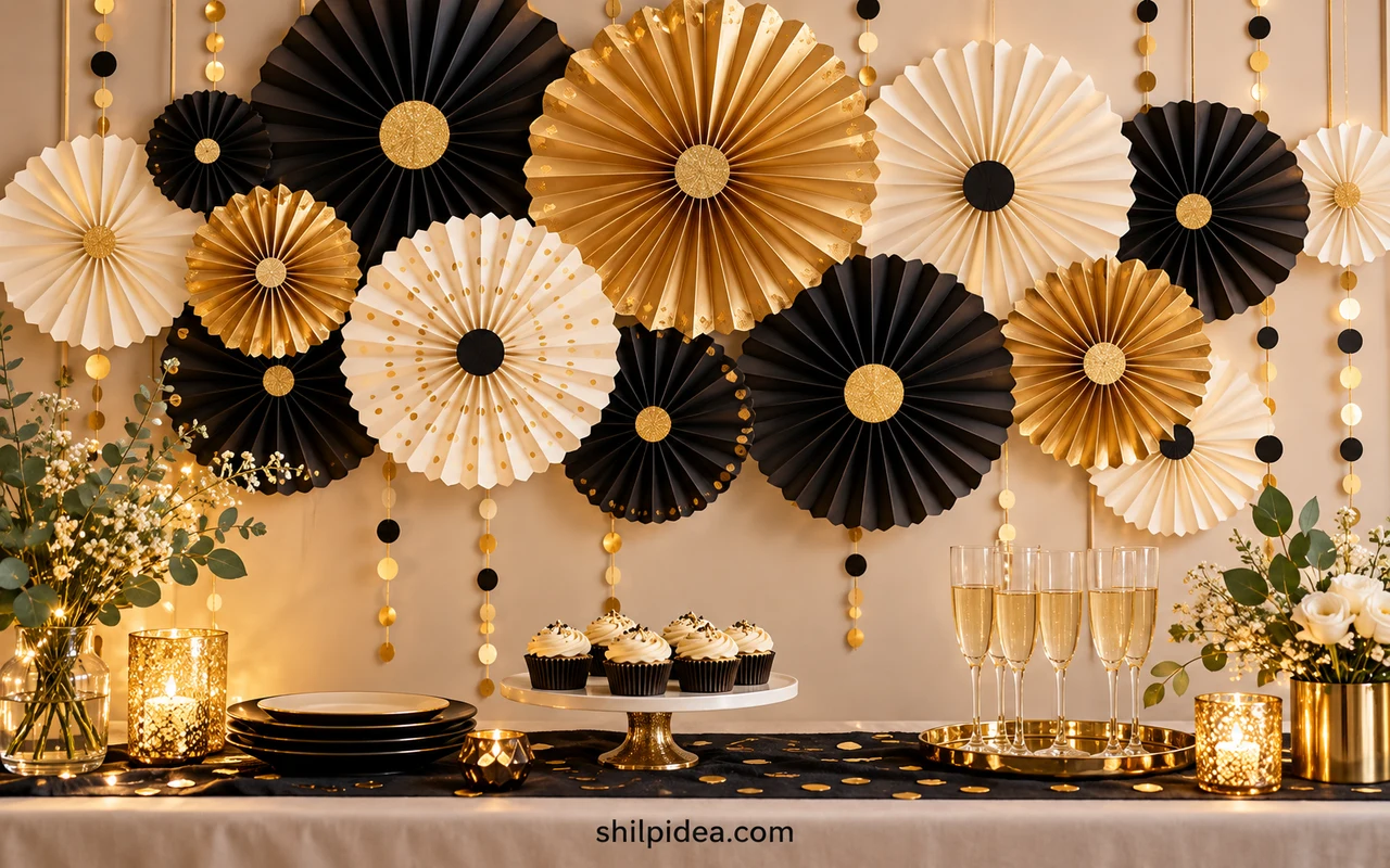 Illustrative black, gold and cream paper rosette backdrop above a New Year party table