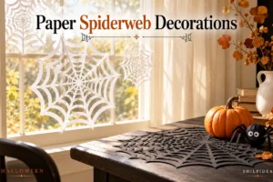 Illustrative white paper spiderwebs on a sunlit window beside a black paper-web table accent and a small pumpkin.