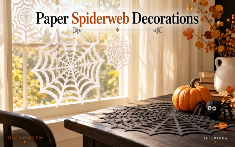 Illustrative white paper spiderwebs on a sunlit window beside a black paper-web table accent and a small pumpkin.