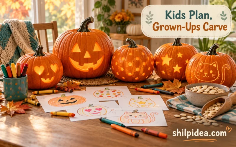 Illustrative pumpkin planning table with smiling, heart, star, dotted, and cat designs, crayons, and paper sketches.