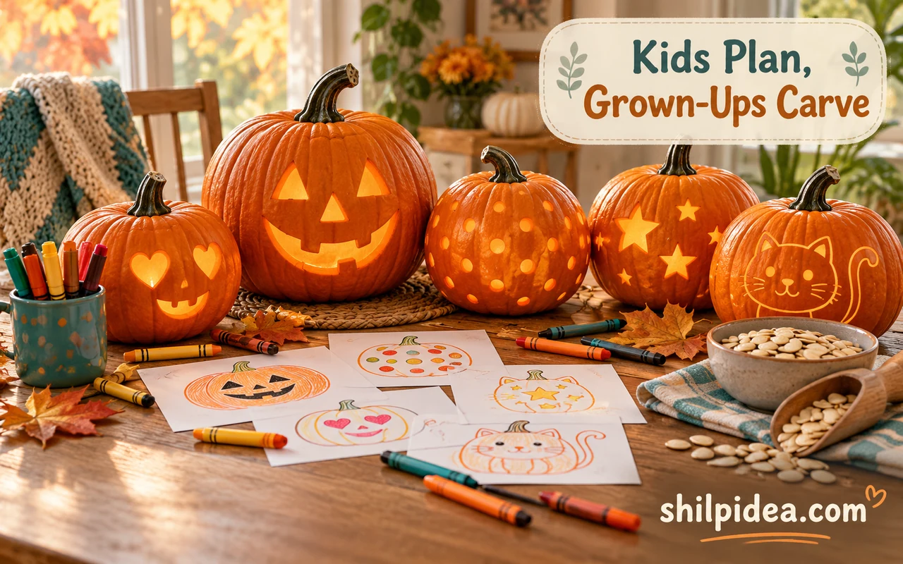 Illustrative pumpkin planning table with smiling, heart, star, dotted, and cat designs, crayons, and paper sketches.