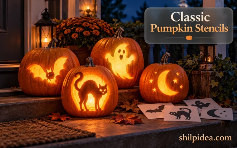 Illustrative Halloween porch with glowing cat, bat, ghost, and moon pumpkins and Shilpidea branding.