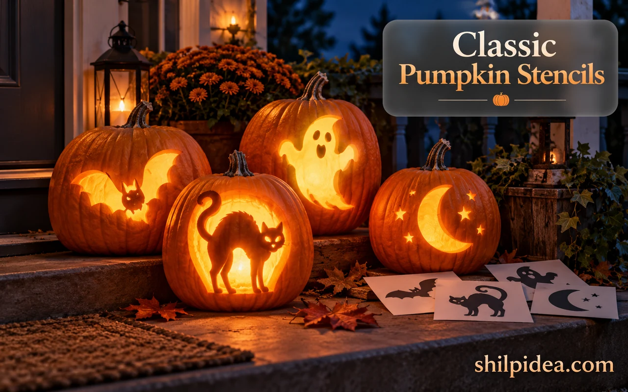 Illustrative Halloween porch with glowing cat, bat, ghost, and moon pumpkins and Shilpidea branding.