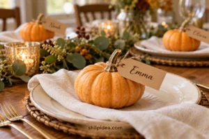 Illustrative mini orange pumpkin with an Emma name tag on a Thanksgiving place setting.
