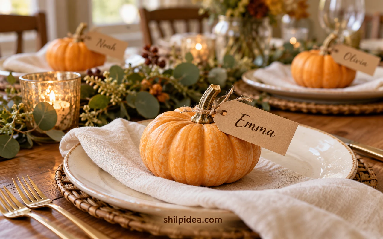 Illustrative mini orange pumpkin with an Emma name tag on a Thanksgiving place setting.