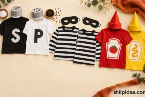Illustration of simple matching costume clothes, salt-and-pepper shirts, striped tops, and paper accessories.