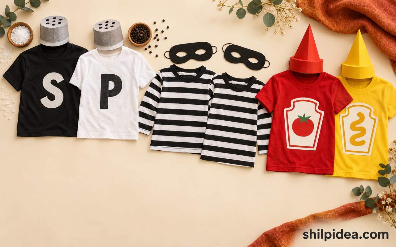 Illustration of simple matching costume clothes, salt-and-pepper shirts, striped tops, and paper accessories.