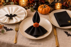 Concept illustration of simple Halloween napkin settings with a bat ring, pumpkin-face ring and flat spider-embroidered linen.