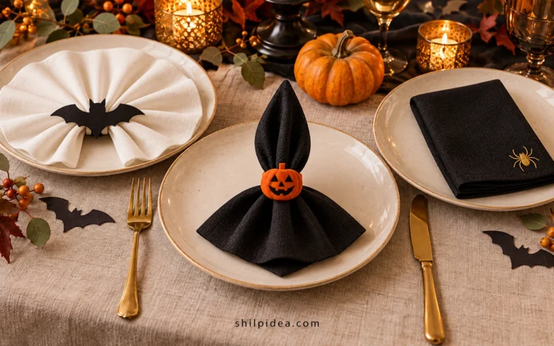 Concept illustration of simple Halloween napkin settings with a bat ring, pumpkin-face ring and flat spider-embroidered linen.
