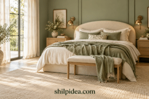 AI-generated bedroom concept with sage green walls, a curved cream headboard, layered linen bedding and oak nightstands.