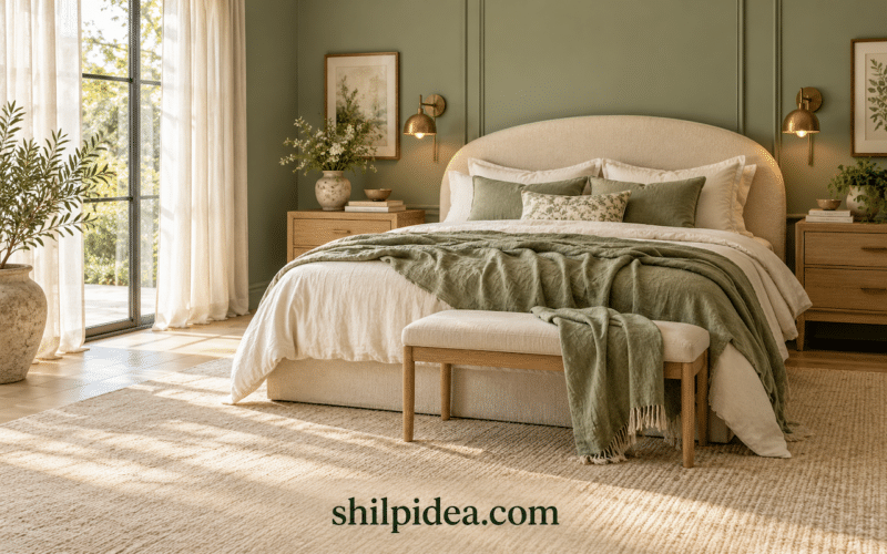 AI-generated bedroom concept with sage green walls, a curved cream headboard, layered linen bedding and oak nightstands.