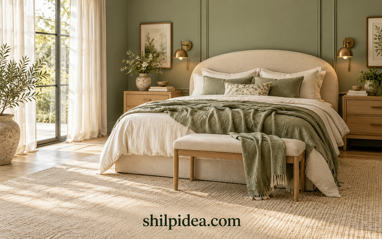 AI-generated bedroom concept with sage green walls, a curved cream headboard, layered linen bedding and oak nightstands.