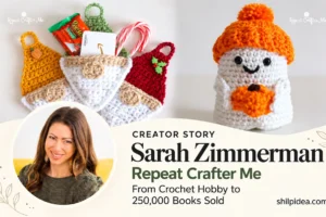 Sarah Zimmerman’s portrait beside her crochet projects, with her name and Creator Story branding.