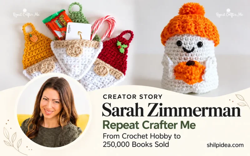 Sarah Zimmerman’s portrait beside her crochet projects, with her name and Creator Story branding.