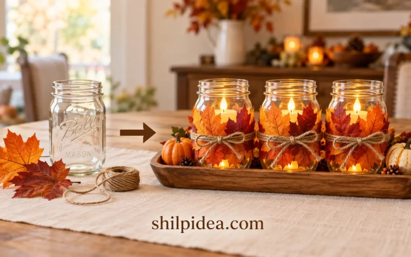 Three mason jars decorated with orange fall leaves and jute bows, holding LED tea lights on a wooden tray with small pumpkins.