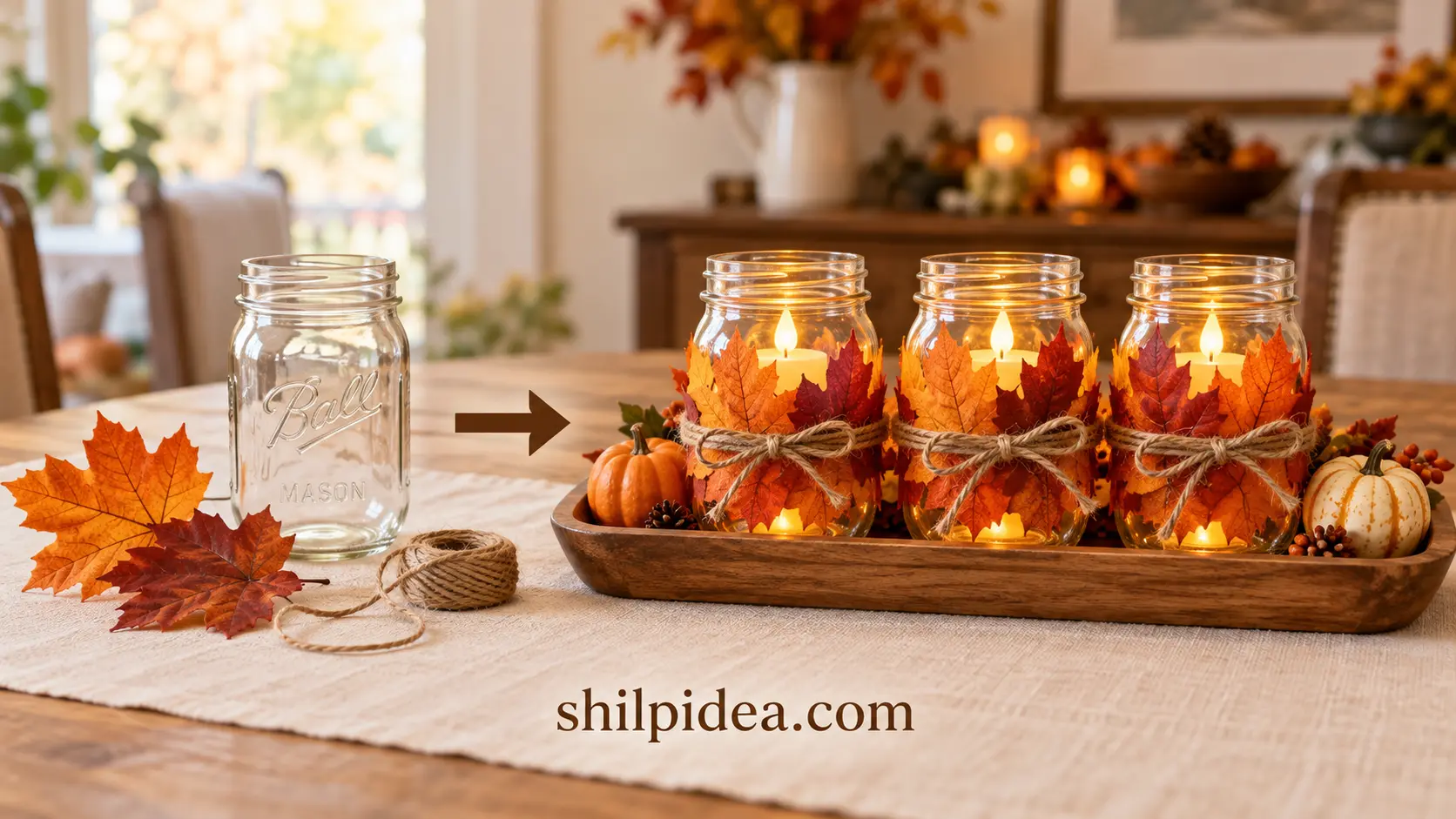 Three mason jars decorated with orange fall leaves and jute bows, holding LED tea lights on a wooden tray with small pumpkins.