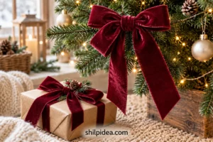 Illustrative velvet Christmas bows on a tree and wrapped holiday gifts