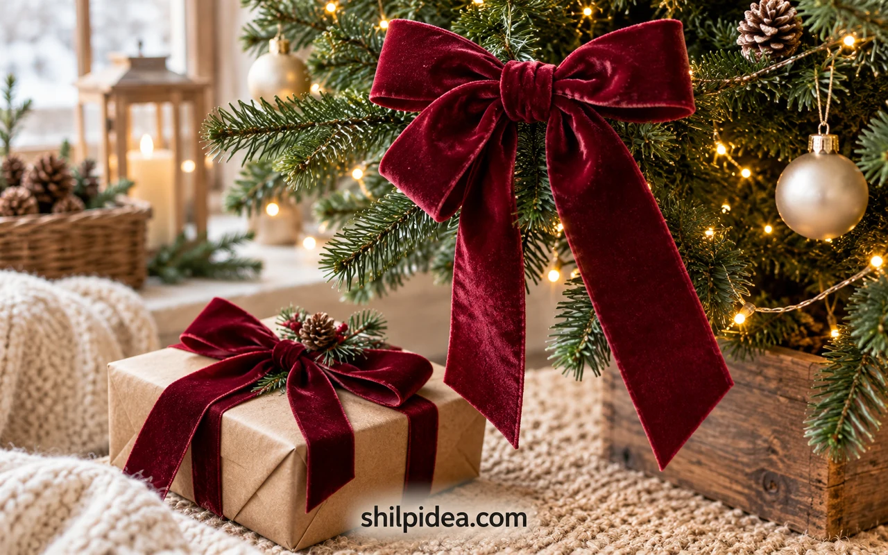 Illustrative velvet Christmas bows on a tree and wrapped holiday gifts