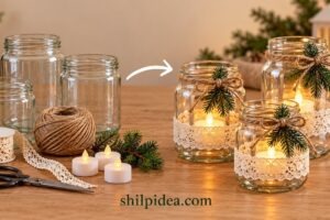 Empty glass jars and craft supplies beside an arrow pointing to lace-wrapped jars with jute bows, greenery, and glowing LED candles.