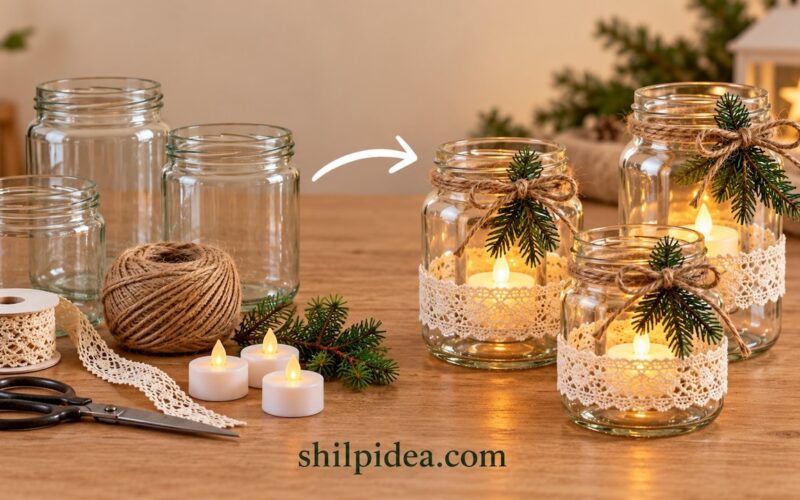 Empty glass jars and craft supplies beside an arrow pointing to lace-wrapped jars with jute bows, greenery, and glowing LED candles.