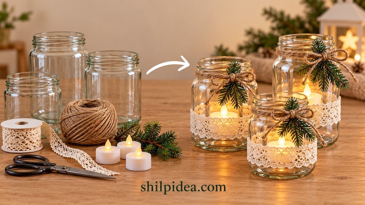 Empty glass jars and craft supplies beside an arrow pointing to lace-wrapped jars with jute bows, greenery, and glowing LED candles.